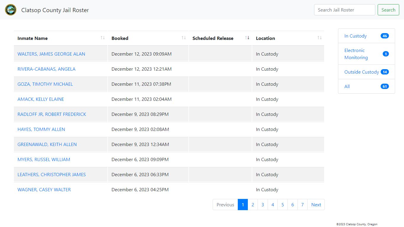 Clatsop County Jail Roster